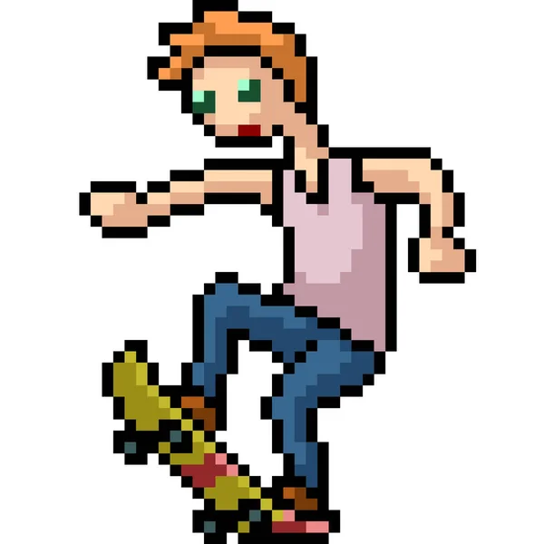 Vector Pixel Kunst Jongen Skateboard Geïsoleerde Cartoon — Stockvector