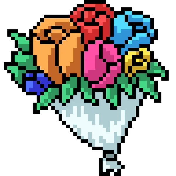 Pixel Vetorial Arte Buquê Flores Desenhos Animados Isolados — Vetor de Stock