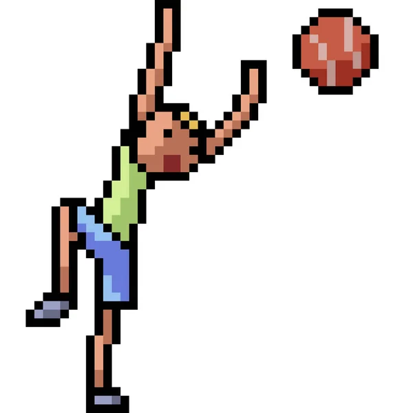 Векторное Пиксельное Искусство Баскетбольный Ребенок Изолированный Мультфильм — стоковый вектор
