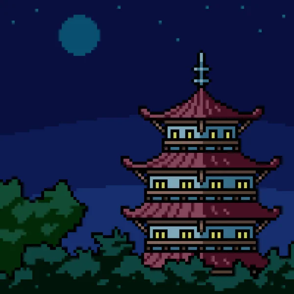 Pixel Arte Torre Japonesa Noite — Vetor de Stock