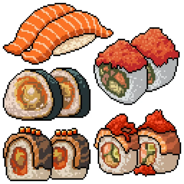 Pixel Art Set Elszigetelt Divatos Sushi — Stock Vector