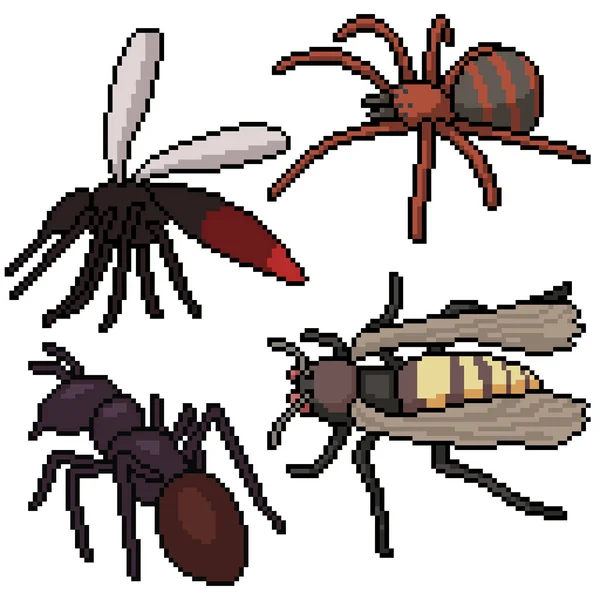 Pixel Art Set Geïsoleerd Gevaarlijk Klein Insect — Stockvector