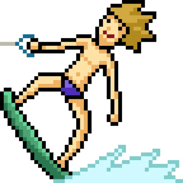 Vector Pixel Art Man Jugar Tabla Surf Aislado Cartoo — Vector de stock