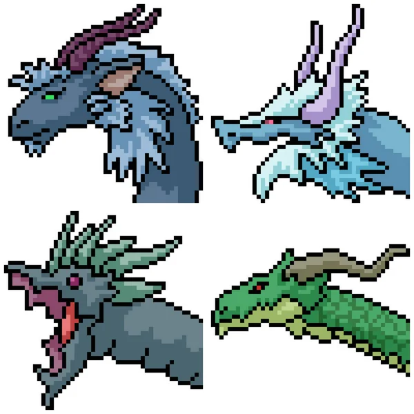 Pixel Art Set Isolierten Drachen Porträt — Stockvektor