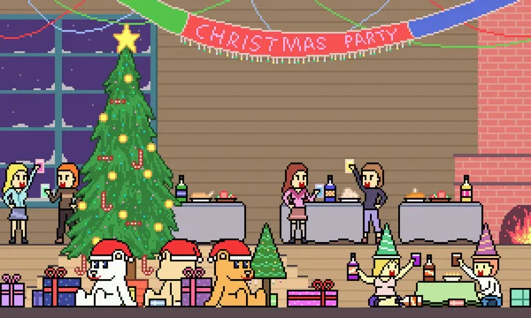 Vector Pixel Art Christmas Party Scene — Stock Vector