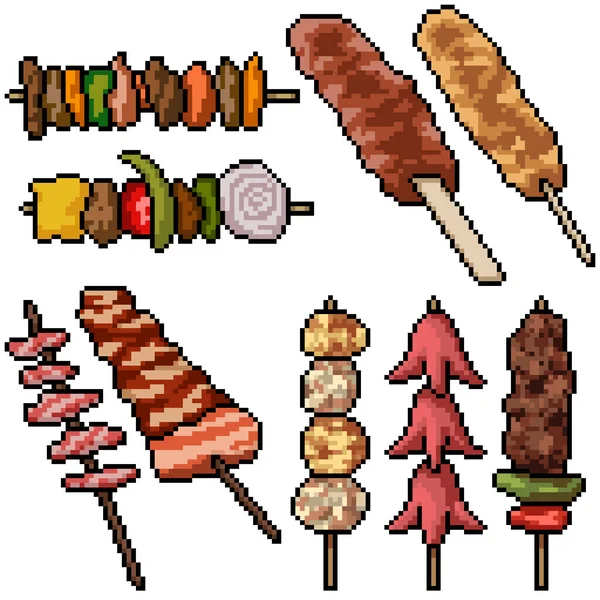 Pixel Art Set Izolowane Mięso Kij Grill — Wektor stockowy