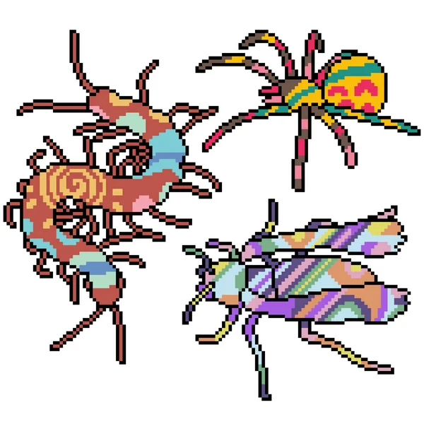 Renkli Desenli Piksel Resim Seti Izole Edilmiş Böcek — Stok Vektör