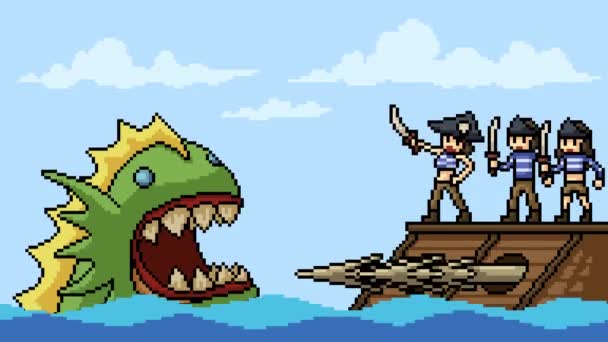 Animation Pixel Art Pirat Kampf Monster Cartoon Schleife — Stockvideo