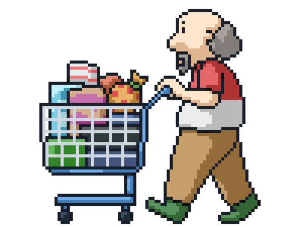 Pixel Art Old Man Shopping — стоковый вектор