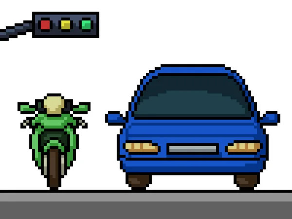 Pixel Art Motorcycle Car Road — Stockový vektor