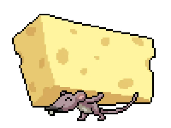 ネズミのピクセルアートはチーズを運び — ストックベクタ