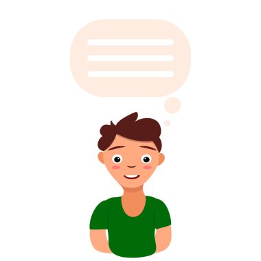 Boy character vector illustration isolated on white icon person thinking message idea cheerful smiling kid colorful flat cartoon