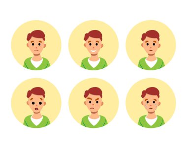 Boy emotion set, flat vector avatar, colorful character crying, smiling, angry, disappointed, surprised, confused, upset, emoji illustration template. Adult man face.