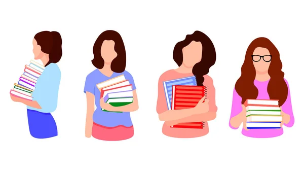 Woman with books set. Isolated character icons in flat style. Education student teacher library person. 