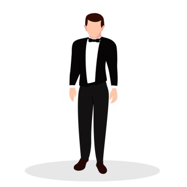 Handsome man character flat illustration isolated on white black business suit groom wedding person guy