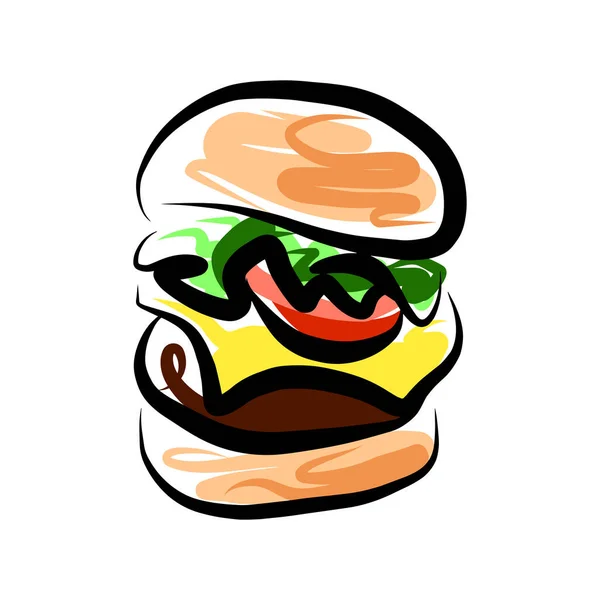Fast Food Burger Colorful Isolated Icon Doodle Hand Drawn Sketch — Stockový vektor