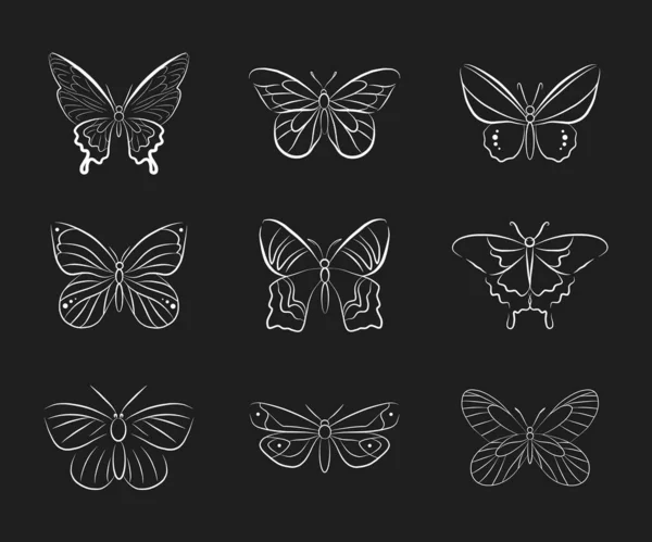 Butterfly Silhouette Collection Vector Icon Doodle Hand Drawn Outline Isolated — Stockvektor