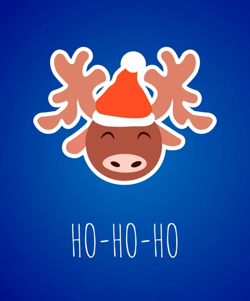 Reindeer Head Sticker Red Santa Hat Christmas Celebration Vector Illustration — Stock Vector