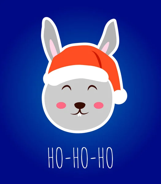 Rabbit Head Sticker Red Santa Hat Christmas Celebration Vector Illustration — Stock Vector