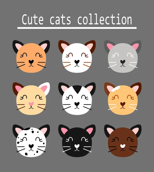 Cute Cats Flat Vector Animal Face Collection — Wektor stockowy