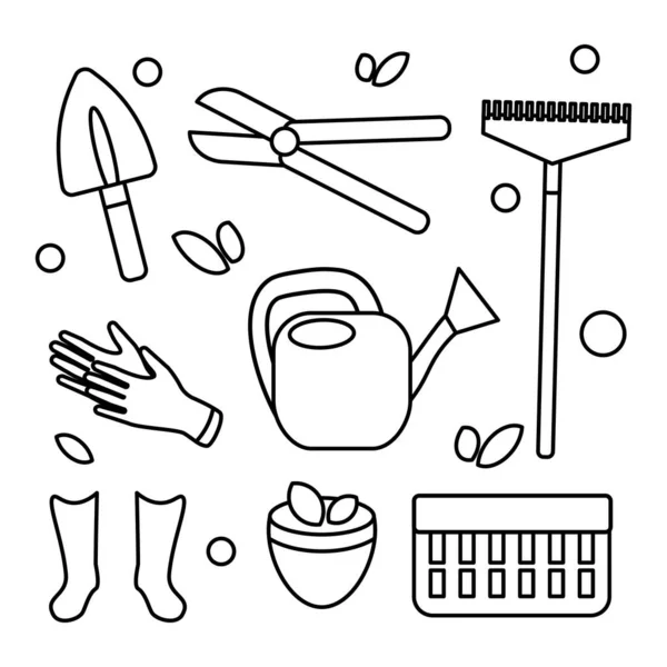 Gardening Tools Icon Set Vector Graphic Equipment Outline Doodle Collection — Stock vektor