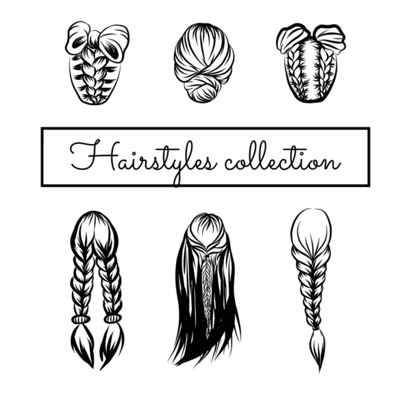 Hairstyle Icon Set Black Outline Drawing Graphic Doodle Vector Illustration — Vector de stock