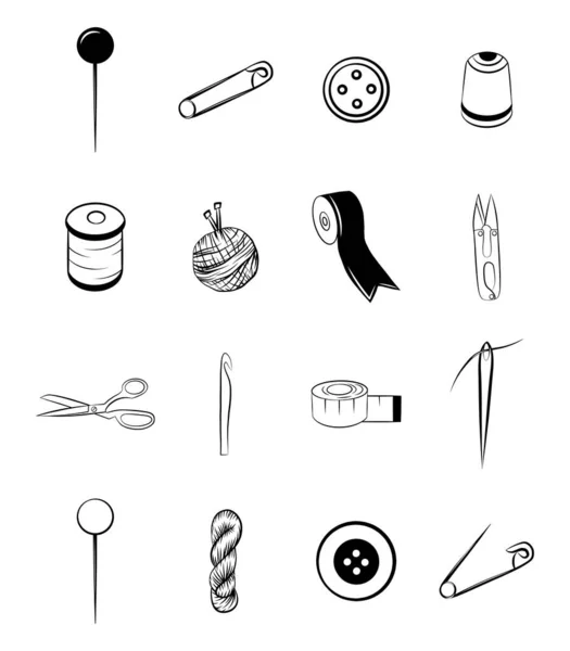 Handmade Tools Icon Set Isolated Graphic Outline Shape Sewing Needle — Stockvector