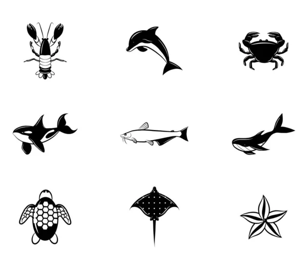 Sea Habitants Logo Icon Set Emblem Clip Art Graphic Animal — Stock Vector