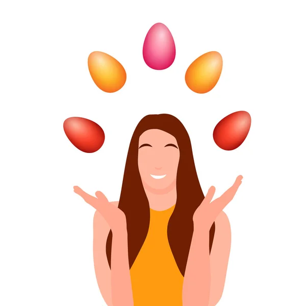 Easter Holiday Card Illustration Isolated Flat Character Woman Colored Eggs — Stockvektor