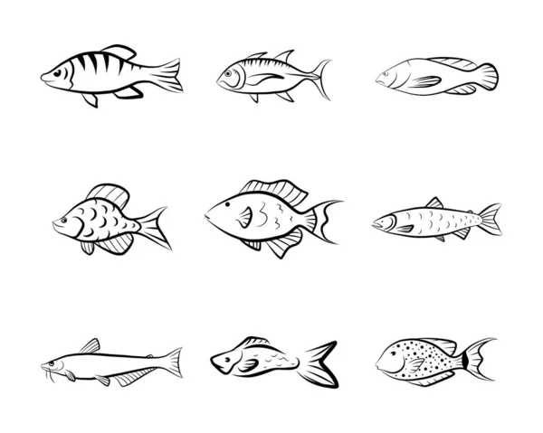 Doodle Fish Icon Set — Stock Vector
