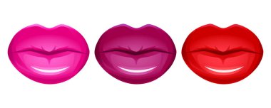 Realistic lips vector set isolated on white. Women 3d mouth, red shiny glossy lipstick. Fashion glamour illustration.