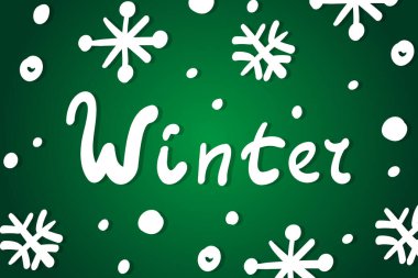 Winter Christmas season greeting card template. Simple doodle drawing snowflake green background. Flat new year celebration illustration. White snow falling. December paper typography lettering poster