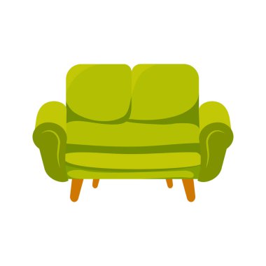 Cozy interior design green sofa flat illustration colorful isolated icon sit living room cartoon object