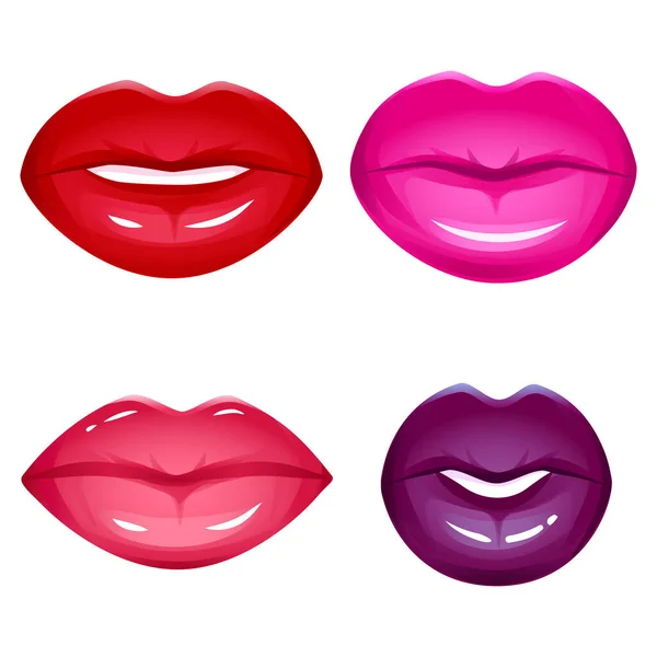 Realistic Lips Vector Set Isolated White Women Mouth Red Shiny — Vetor de Stock