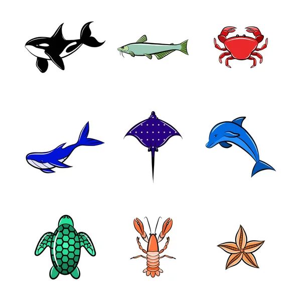 Sea Habitants Cartoon Icon Set Isolated Vector Sticker Clip Art — Stock Vector