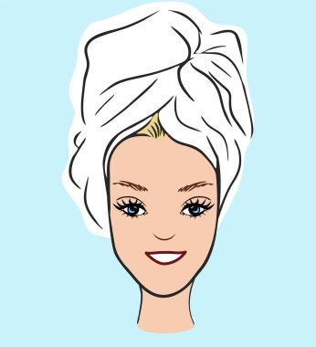 Beautiful young woman isolated icon flat cartoon character face head with towel smiling spa beauty vector concept