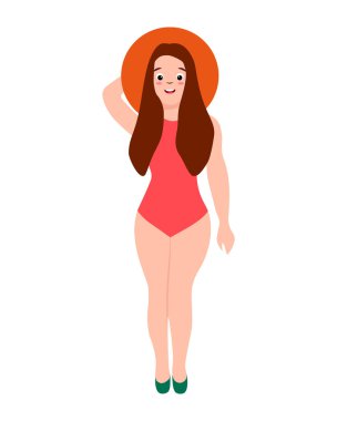 Attractive young woman isolated on white flat colorful illustration slim figure character in swimsuit with hat beach 