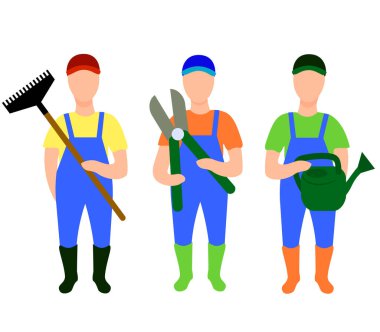 Gardener in uniform Icon set. Full height people characters isolated on white with scissors, rake, water can