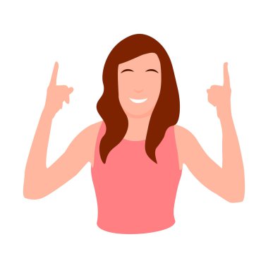 Young woman character flat style illustration isolated on white finger up gesture cheerful smiling face