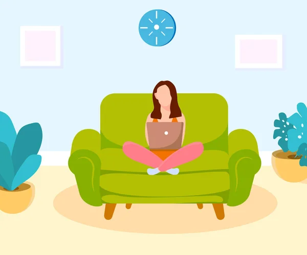 Young Woman Character Sitting Sofa Lotus Pose Asana Working Online — Image vectorielle
