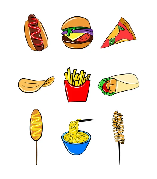 Fast Food Icon Set Doodle Cartoon Vector Clip Art Graphic — Vetor de Stock