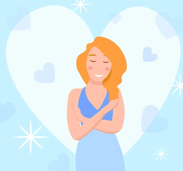 Young Woman Character Flat Style Illustration Hugging Herself Cheerful Self — Vetor de Stock