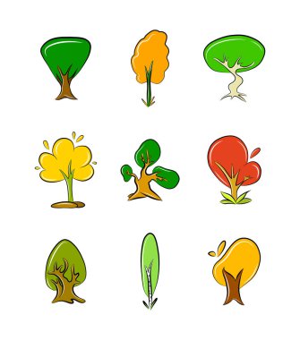 Vector trees collection cartoon icon isolated on white set forest nature botanical illustration graphic clipart