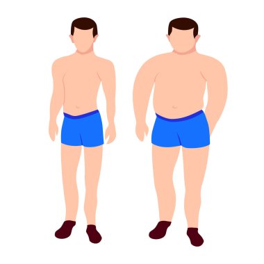 Male character isolated flat human people icon in full height. Person man with excess weight, slim sportive figure dieting