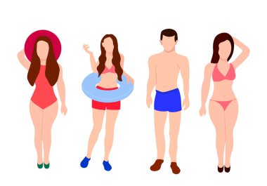 Character collection isolated on white full height person body swimsuit bikini young women and man ready for beach sunbathing