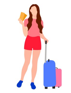 Traveling young woman isolated on white flat figure icon colorful illustration with baggage model ticket in hand concept