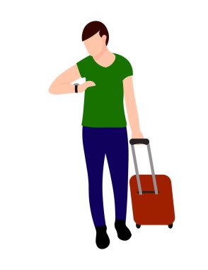 Man character colorful vector flat illustration male model figure traveling tourism baggage waiting concept