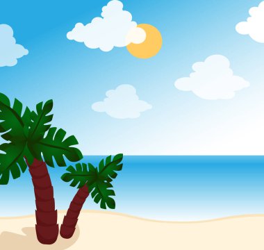 Tropical landscape sea background card coconut palm tree colorful flat illustration vector concept nature island view