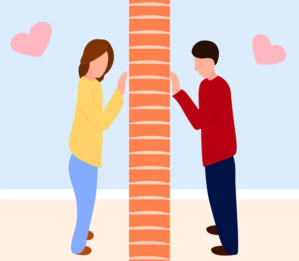 Young woman and man characters and between them a wall couple family love relationship
