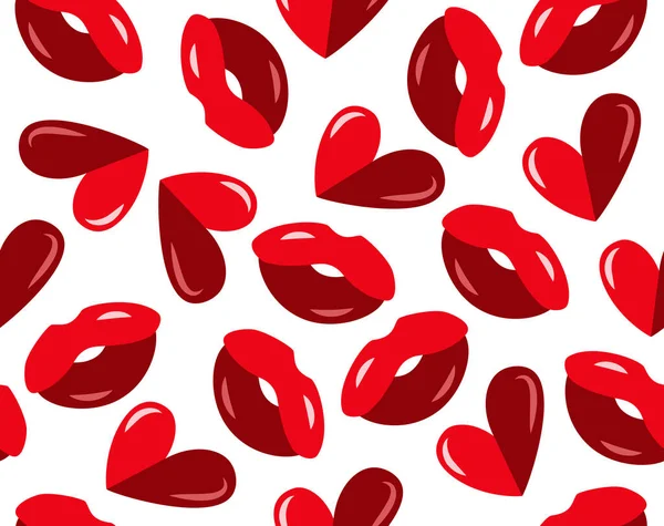 Romantic Seamless Vector Pattern Heart Shape Love Kiss Lips Red — Image vectorielle